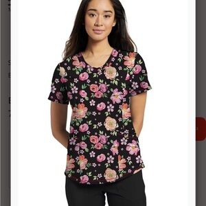 White Cross Black Floral Scrub Top‎